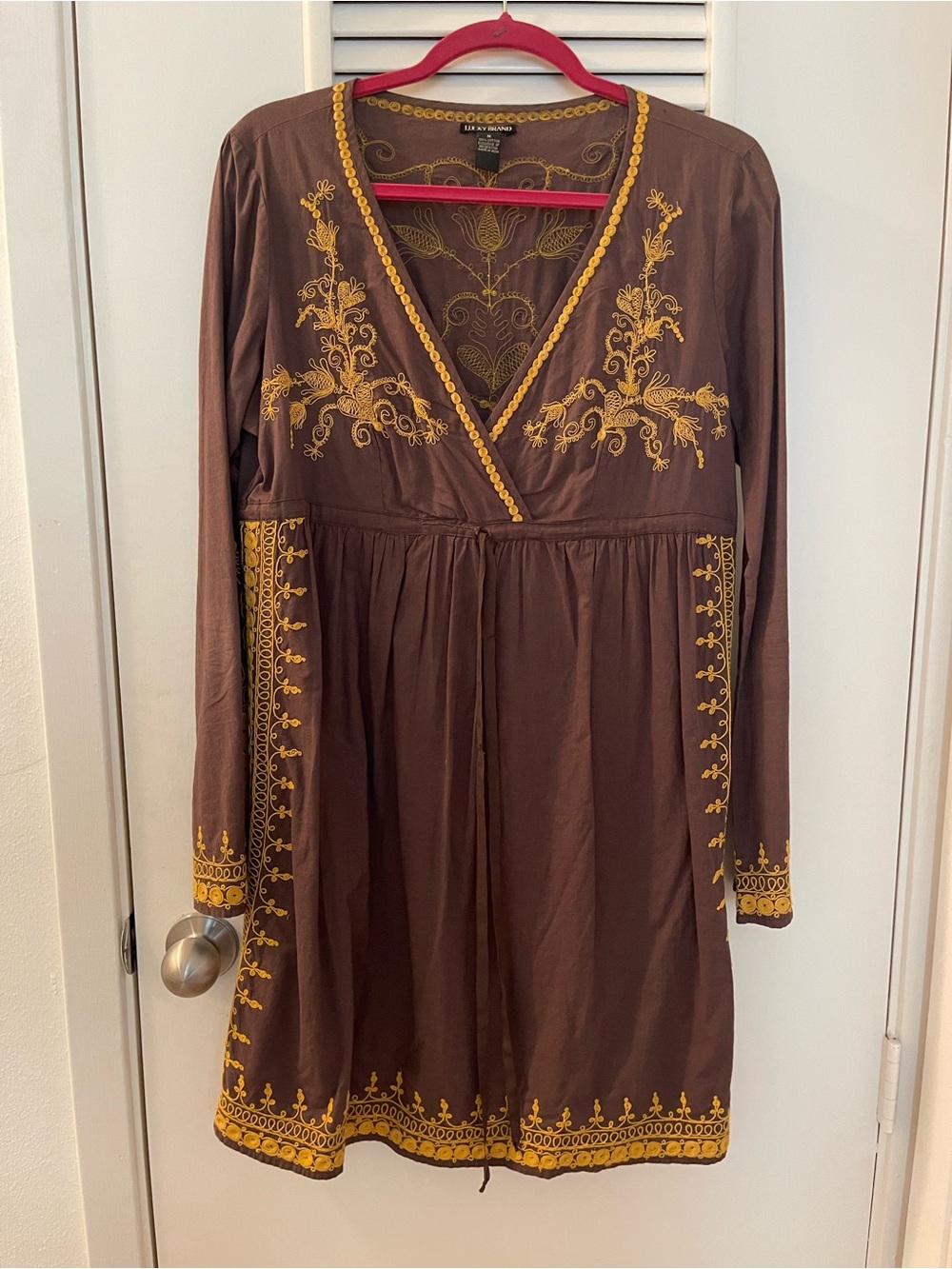Lucky Brand Brown Long-Sleeve V-Neck Dress with Gold Embroidery